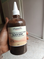 African Black Soap Body Wash With Papaya Seed Extract, Sweet Orange and Patchouli oil. Gentle exfoliation, gets rid of dead skin.