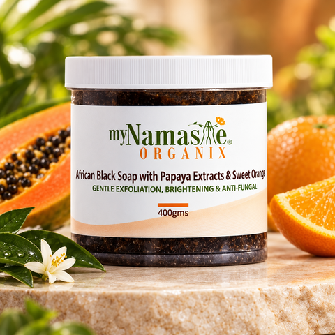 African Black Soap Body Wash With Papaya Seed Extract, Sweet Orange and Patchouli oil. Gentle exfoliation, gets rid of dead skin.